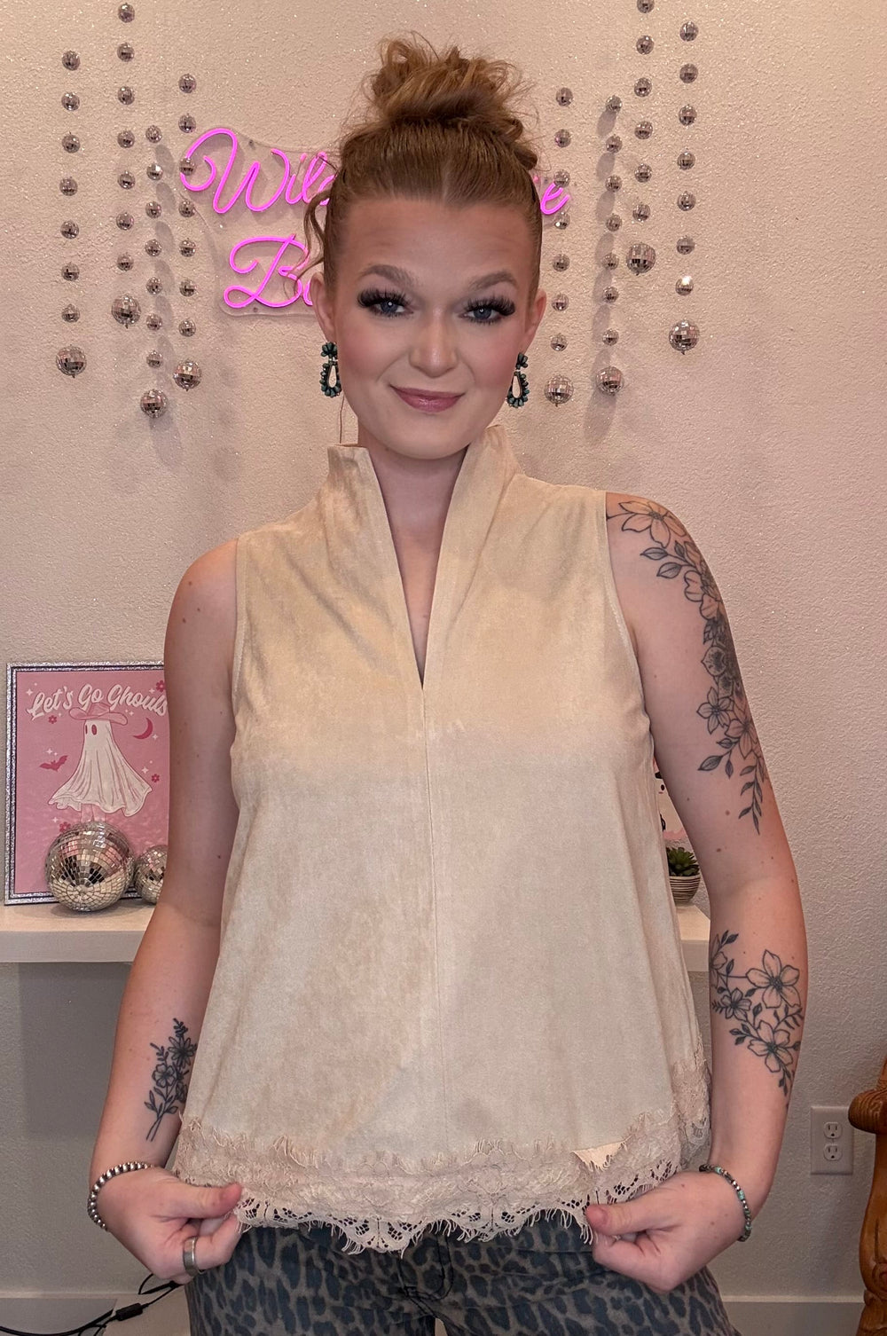 Wild Horse Boutique Beige Suede Top with Lace Trim