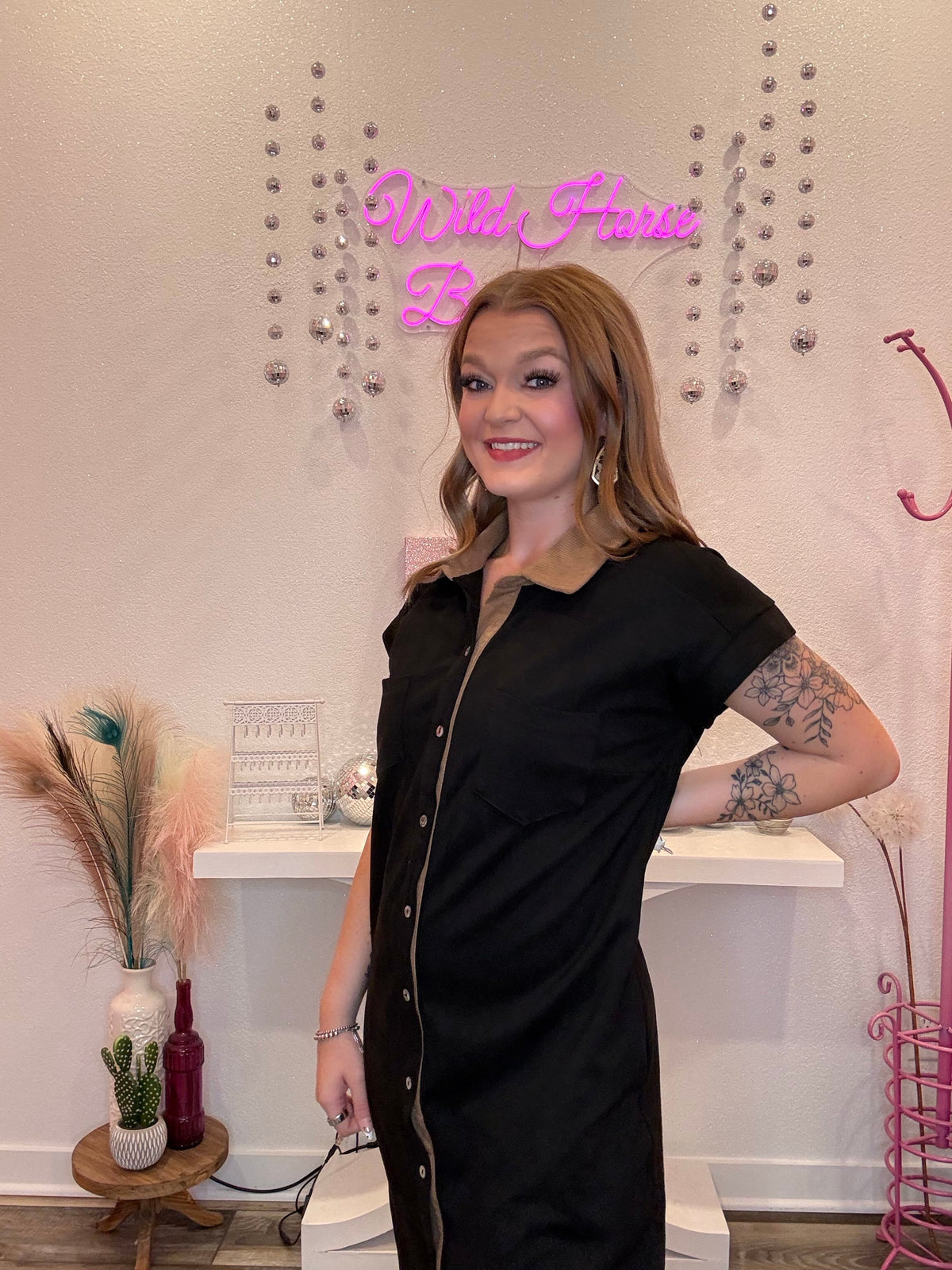 Wild Horse Boutique Black buttondown dress with Tan Corduroy Collar