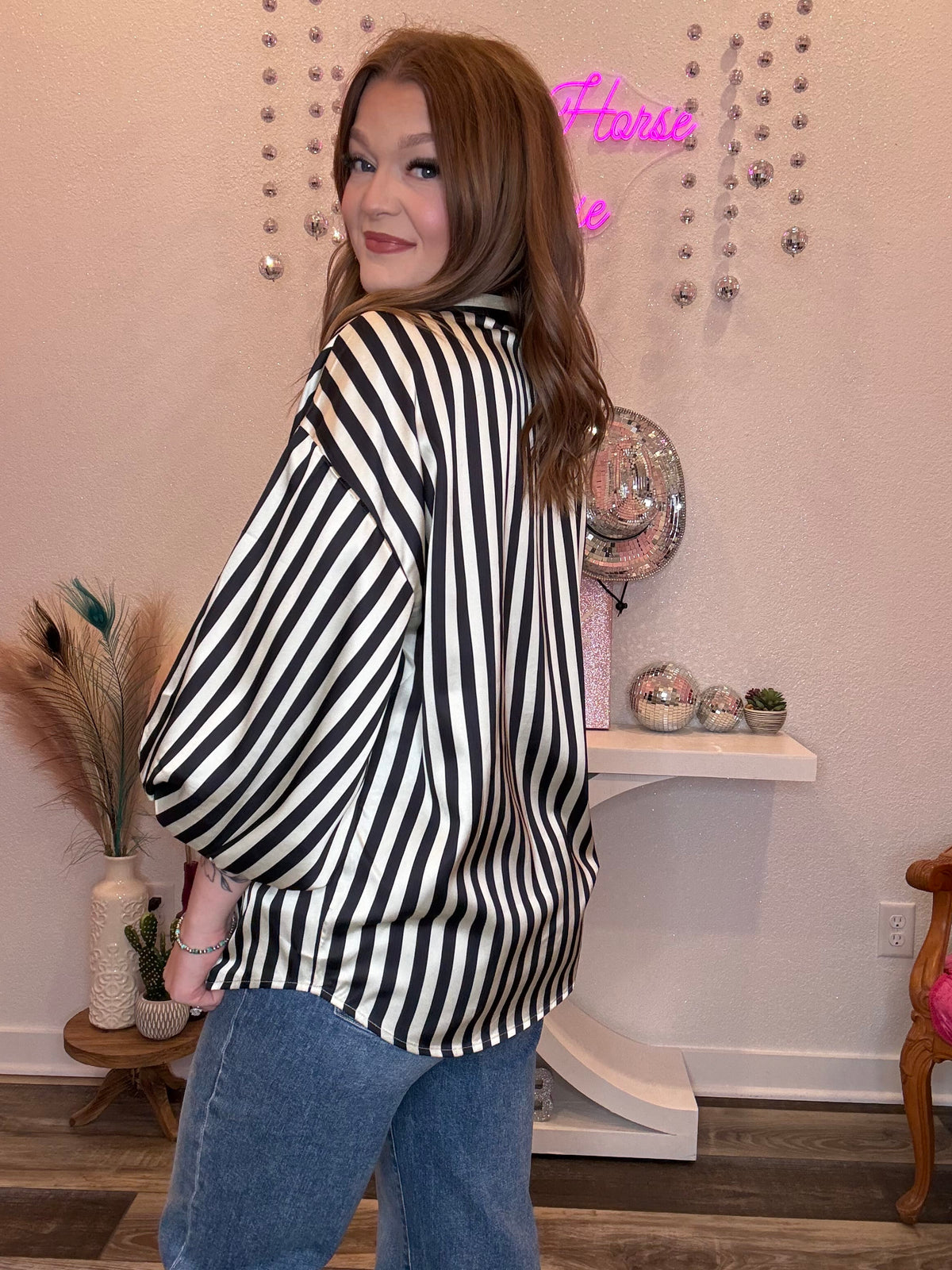 Wild Horse Boutique Black or Navy Striped Satin Shirt