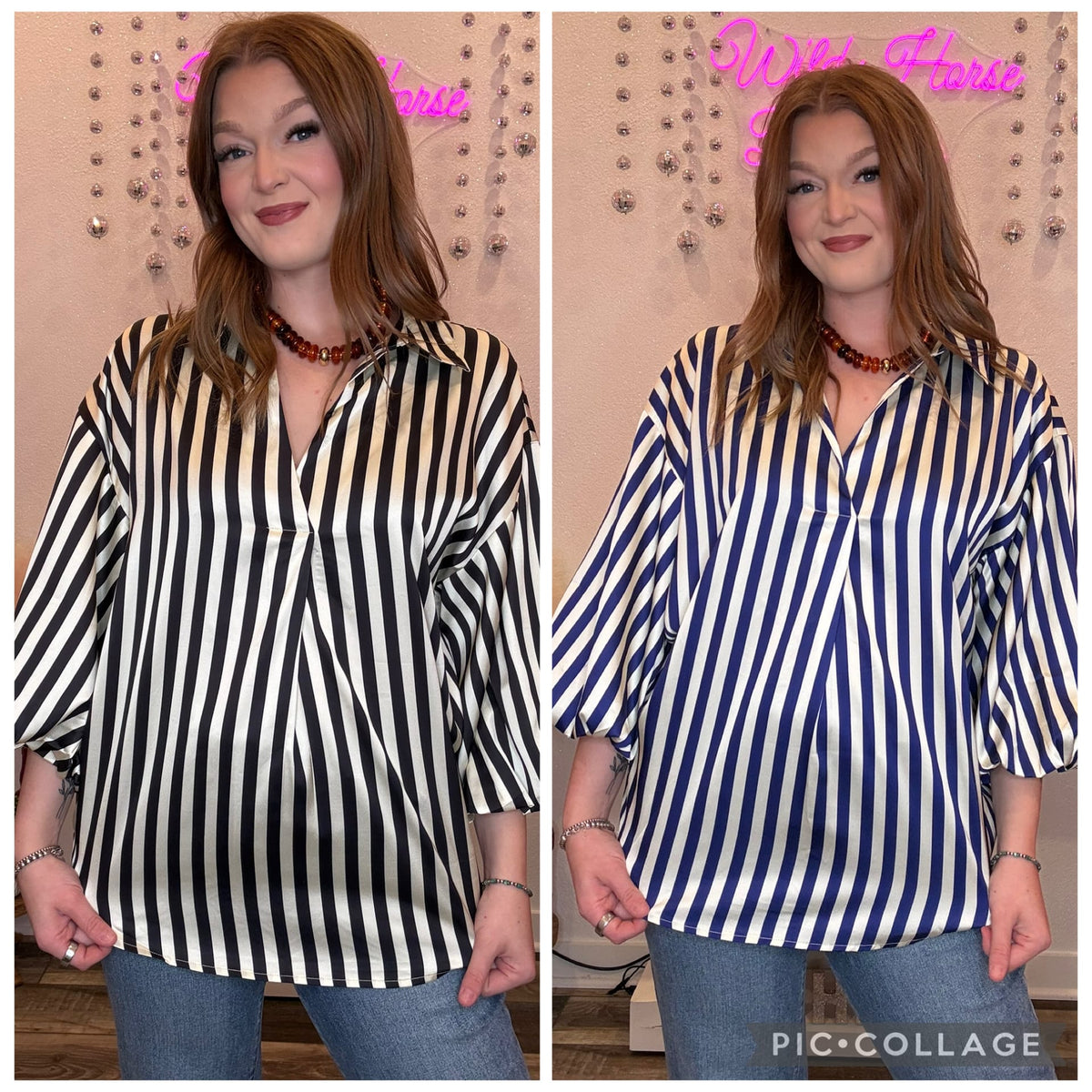 Wild Horse Boutique Black or Navy Striped Satin Shirt