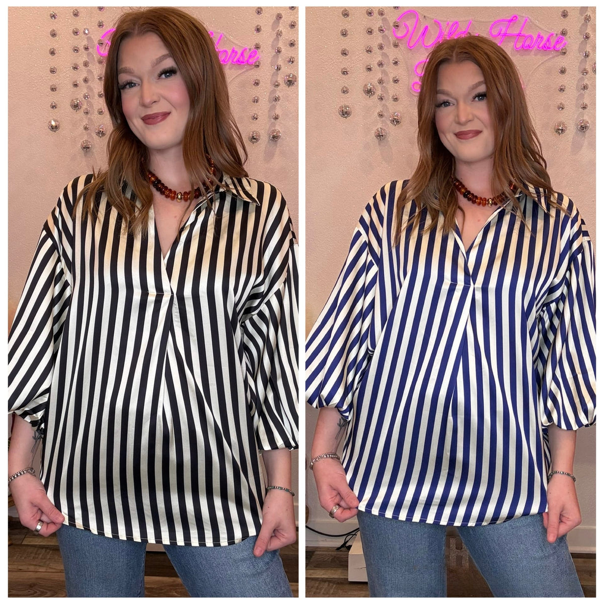 Wild Horse Boutique Black or Navy Striped Satin Shirt