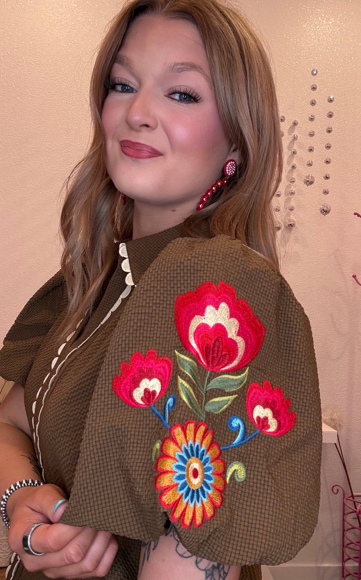 Wild Horse Boutique Blouse Brown Embroidered Blouse
