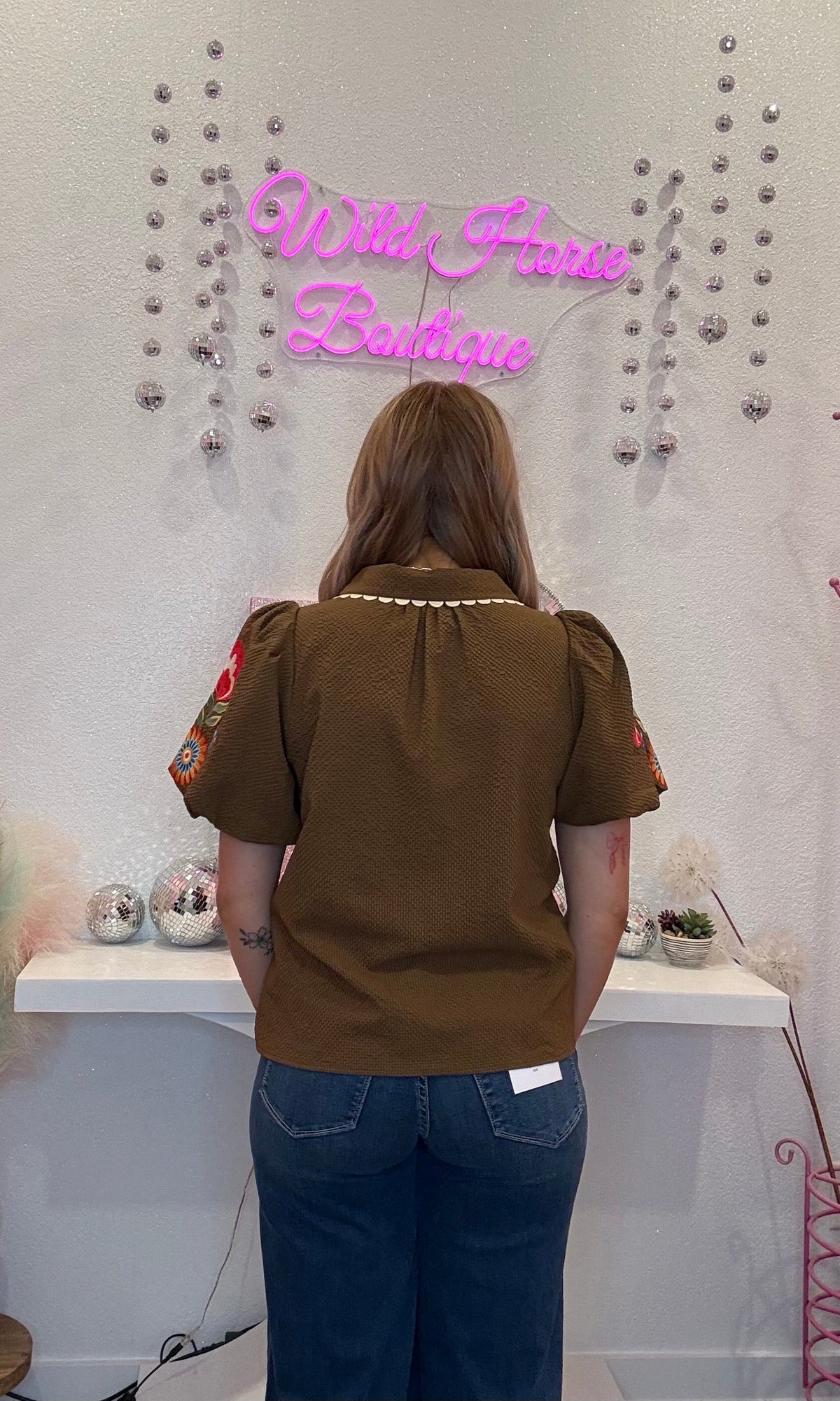 Wild Horse Boutique Blouse Brown Embroidered Blouse