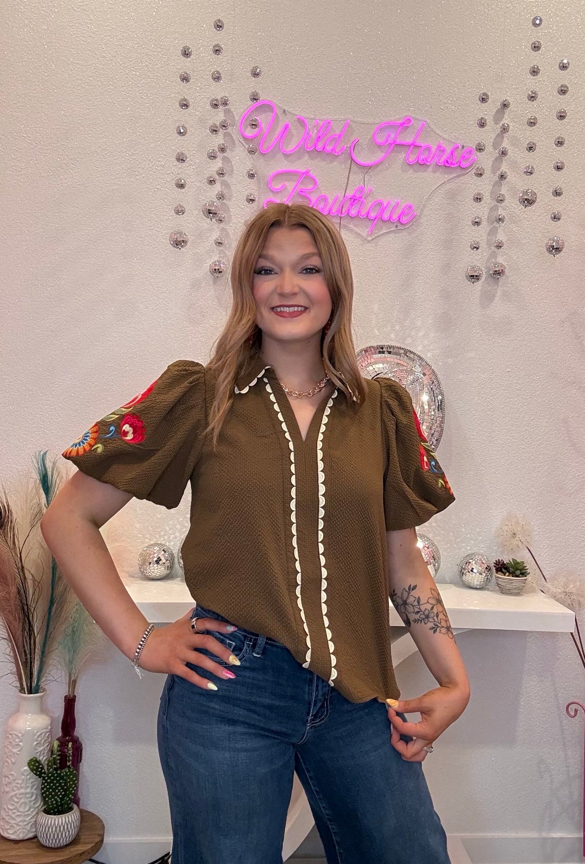 Wild Horse Boutique Blouse Brown Embroidered Blouse