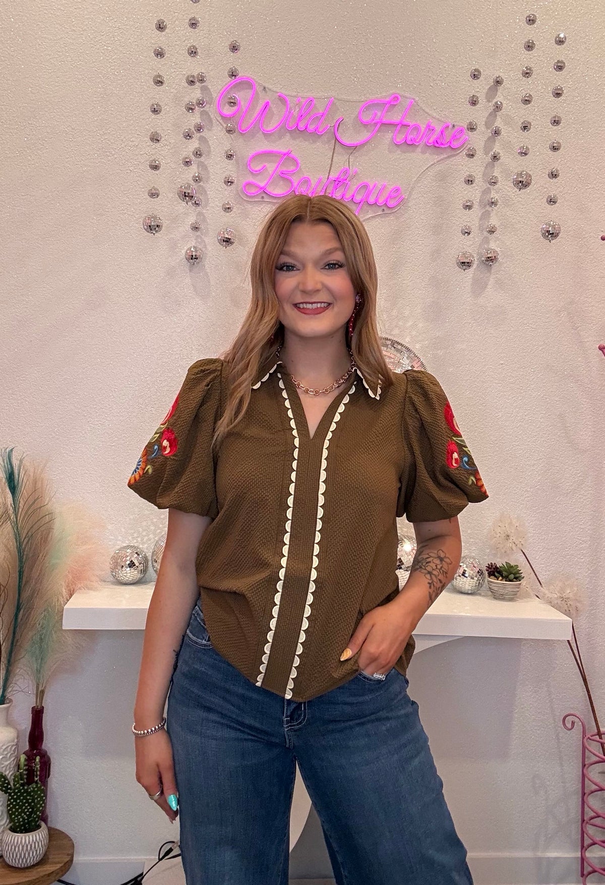 Wild Horse Boutique Blouse Brown Embroidered Blouse