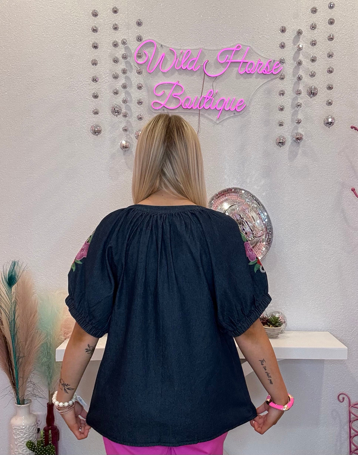 Wild Horse Boutique Blouse Embroidered Denim Top