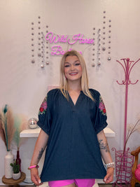 Wild Horse Boutique Blouse Embroidered Denim Top