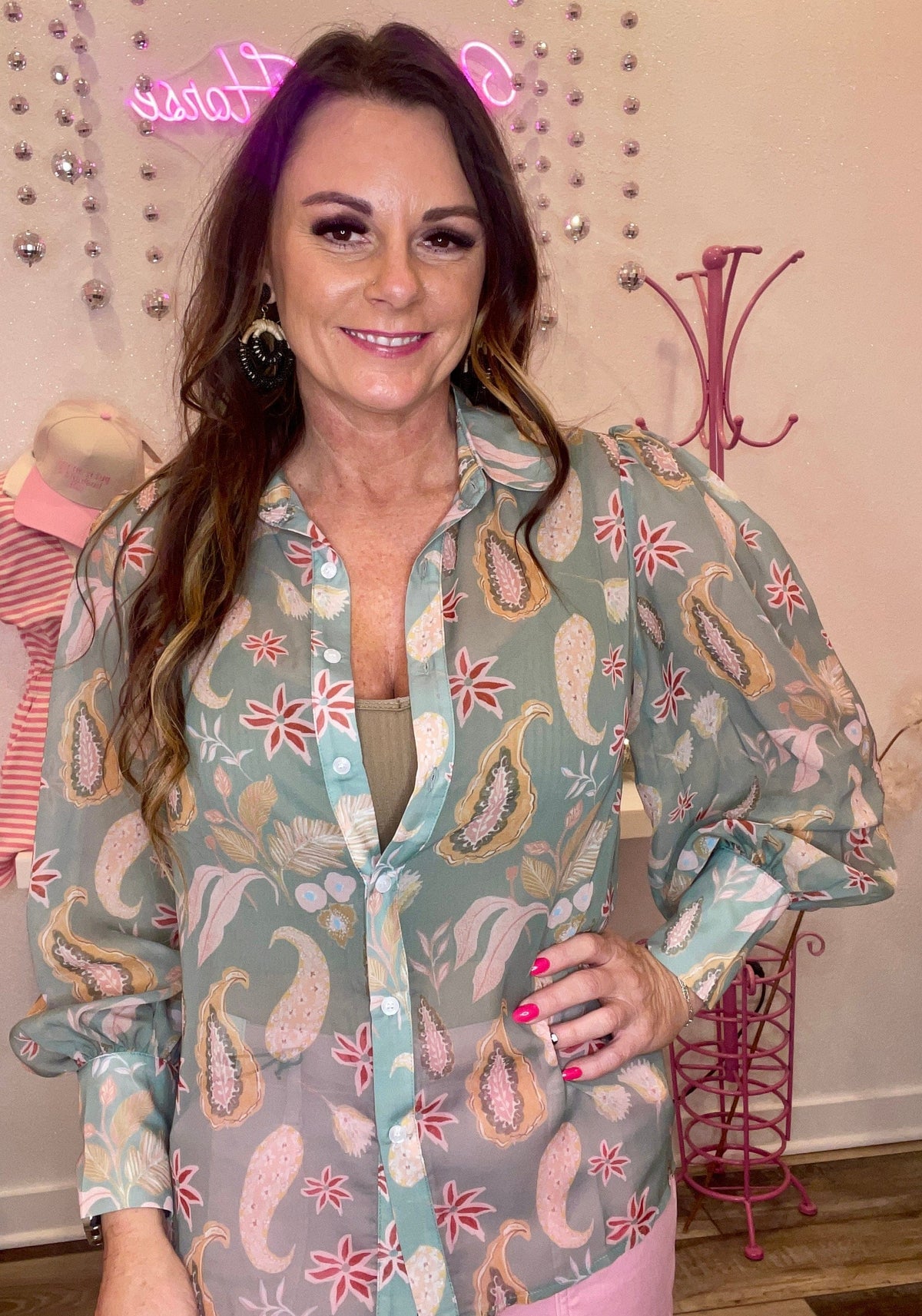 Wild Horse Boutique Blouse Green Sheer Paisley Blouse