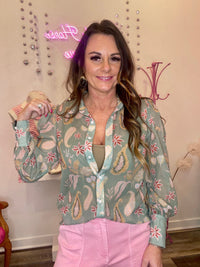 Wild Horse Boutique Blouse Green Sheer Paisley Blouse