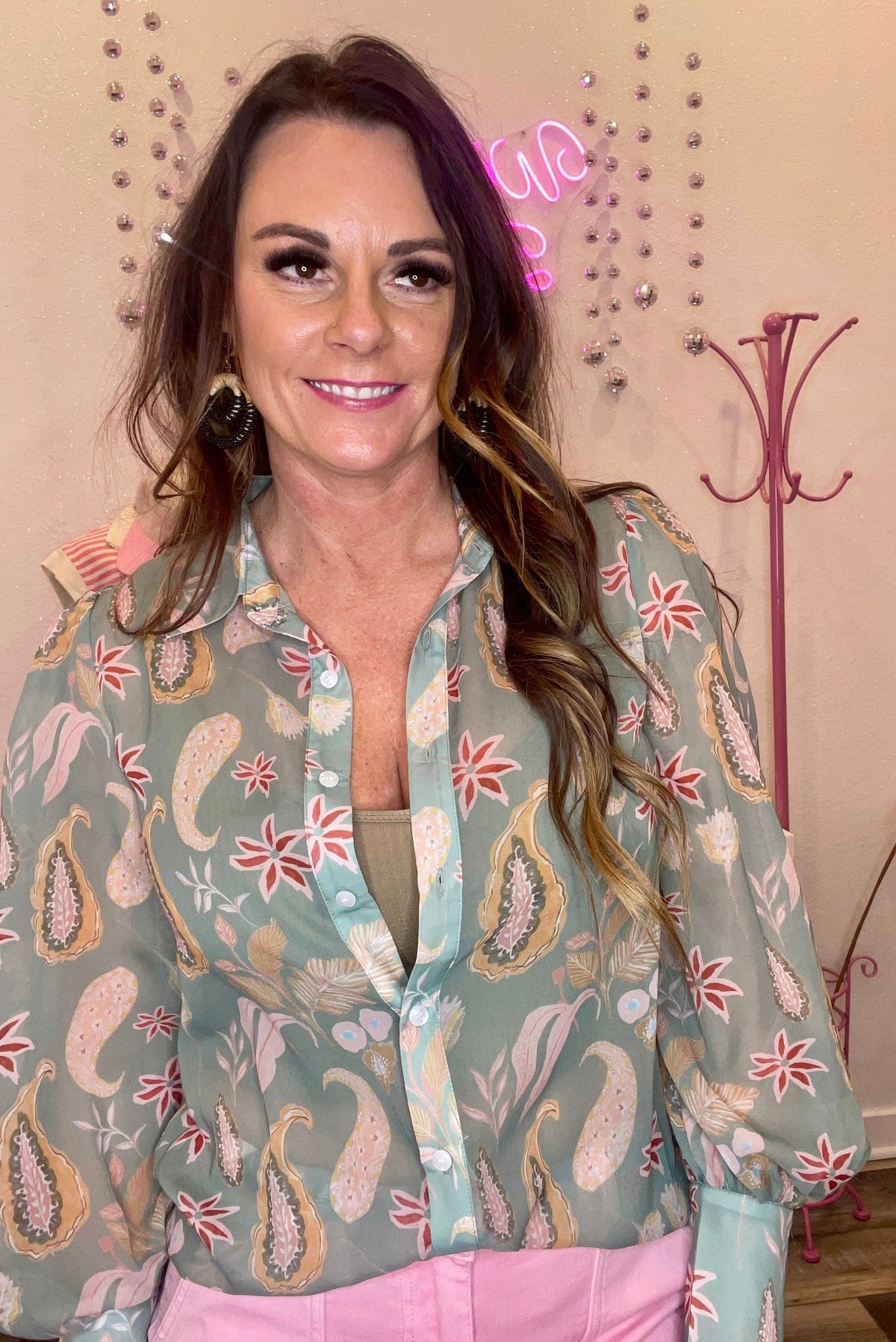 Wild Horse Boutique Blouse Green Sheer Paisley Blouse