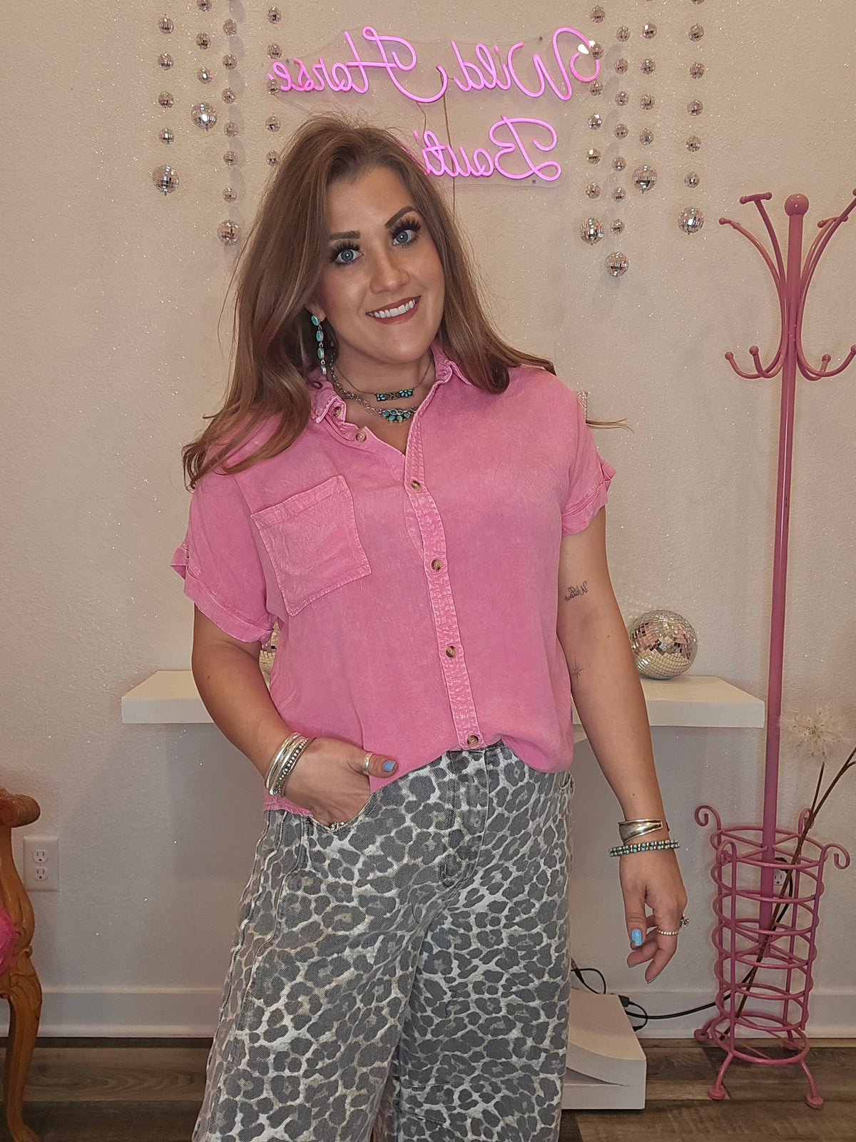 Wild Horse Boutique Blouse Mineral Washed Pink Blouse