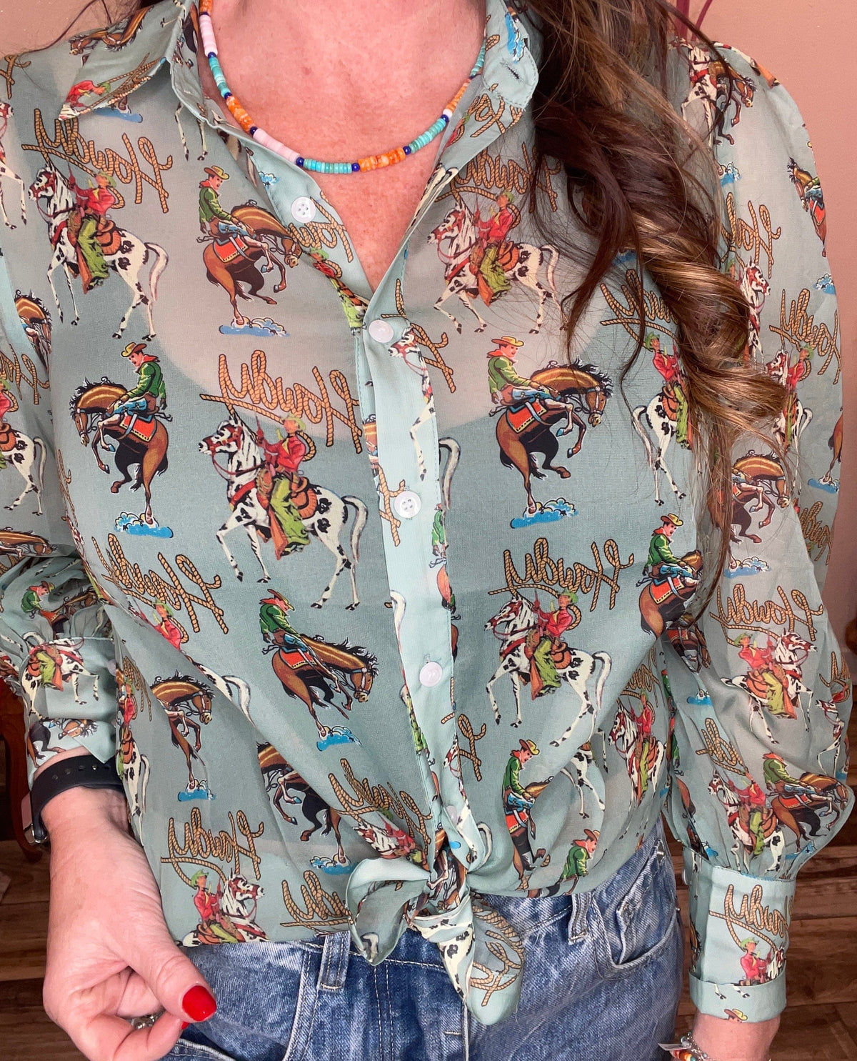 Wild Horse Boutique Blouse Sheer Green Howdy Button Down