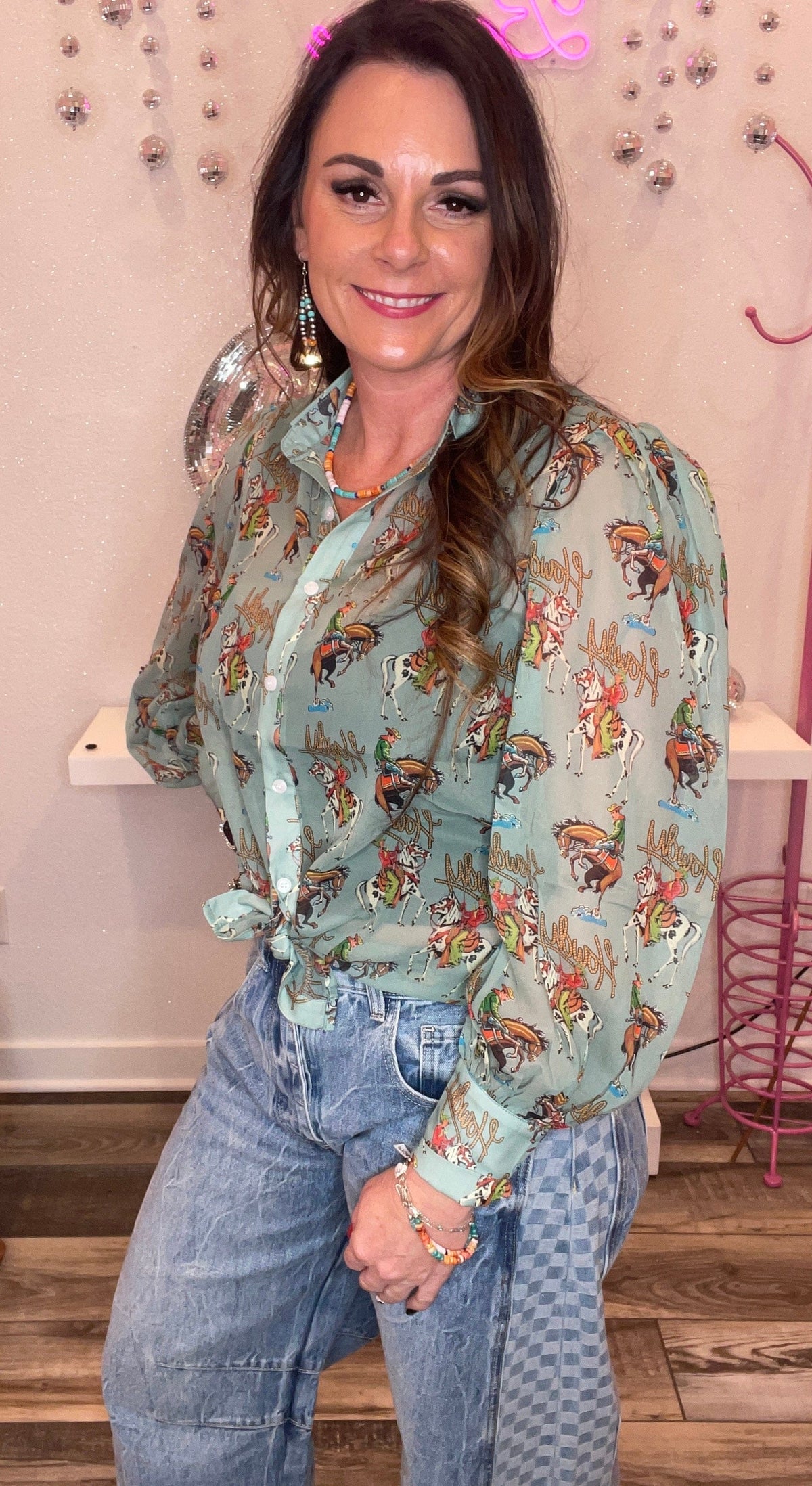 Wild Horse Boutique Blouse Sheer Green Howdy Button Down
