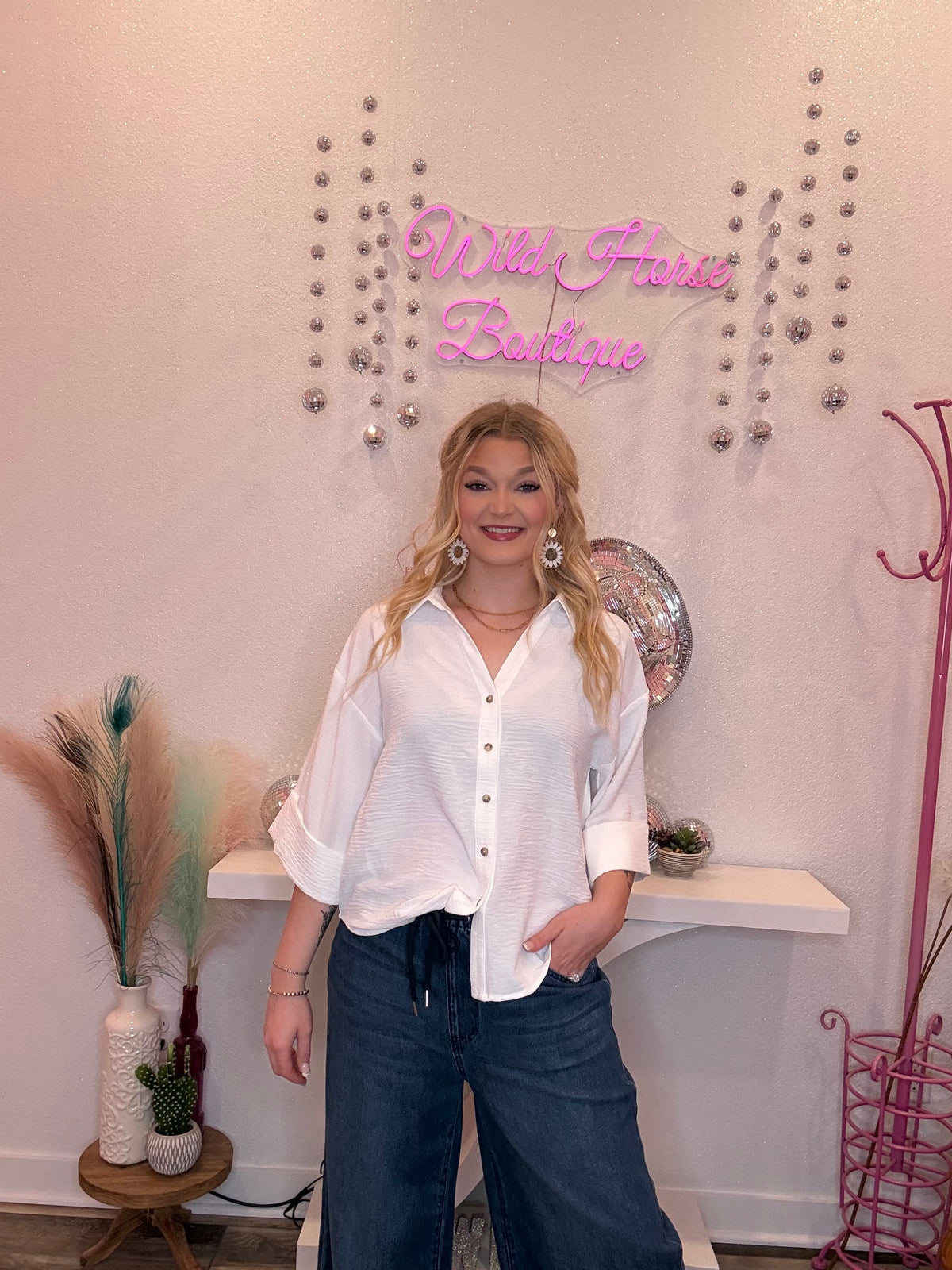 Wild Horse Boutique Blouse White Button Down Blouse