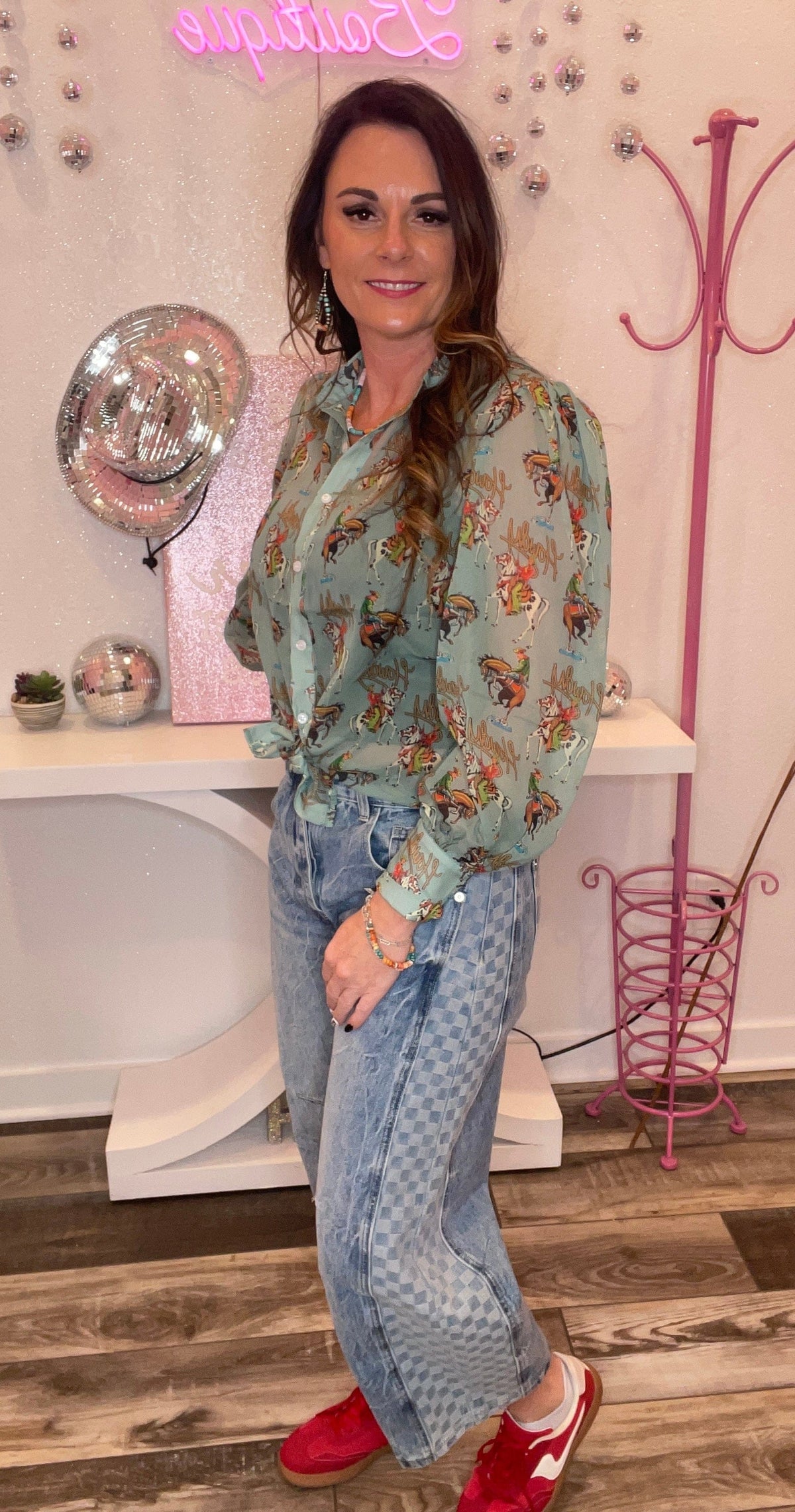 Wild Horse Boutique Bottoms Checkered Barrel Jeans