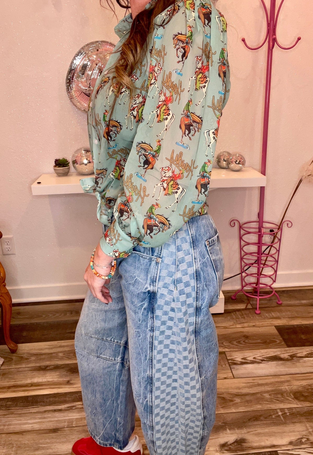 Wild Horse Boutique Bottoms Checkered Barrel Jeans