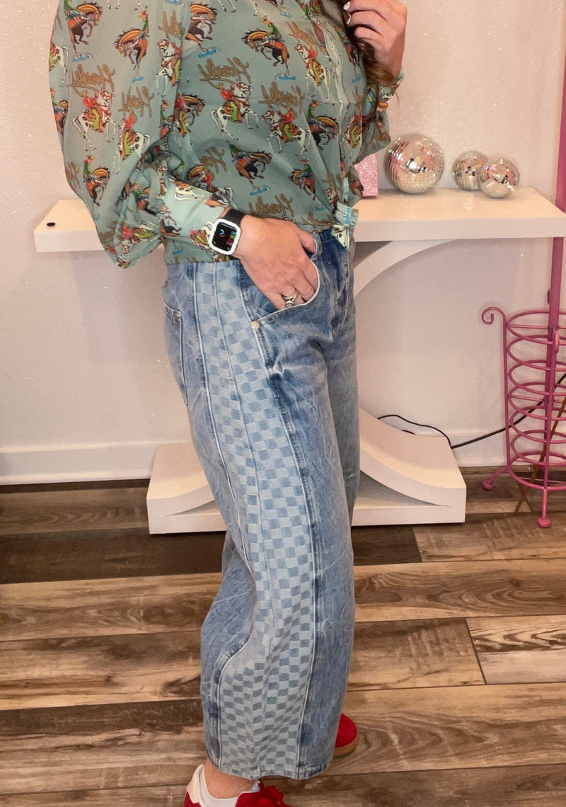 Wild Horse Boutique Bottoms Checkered Barrel Jeans