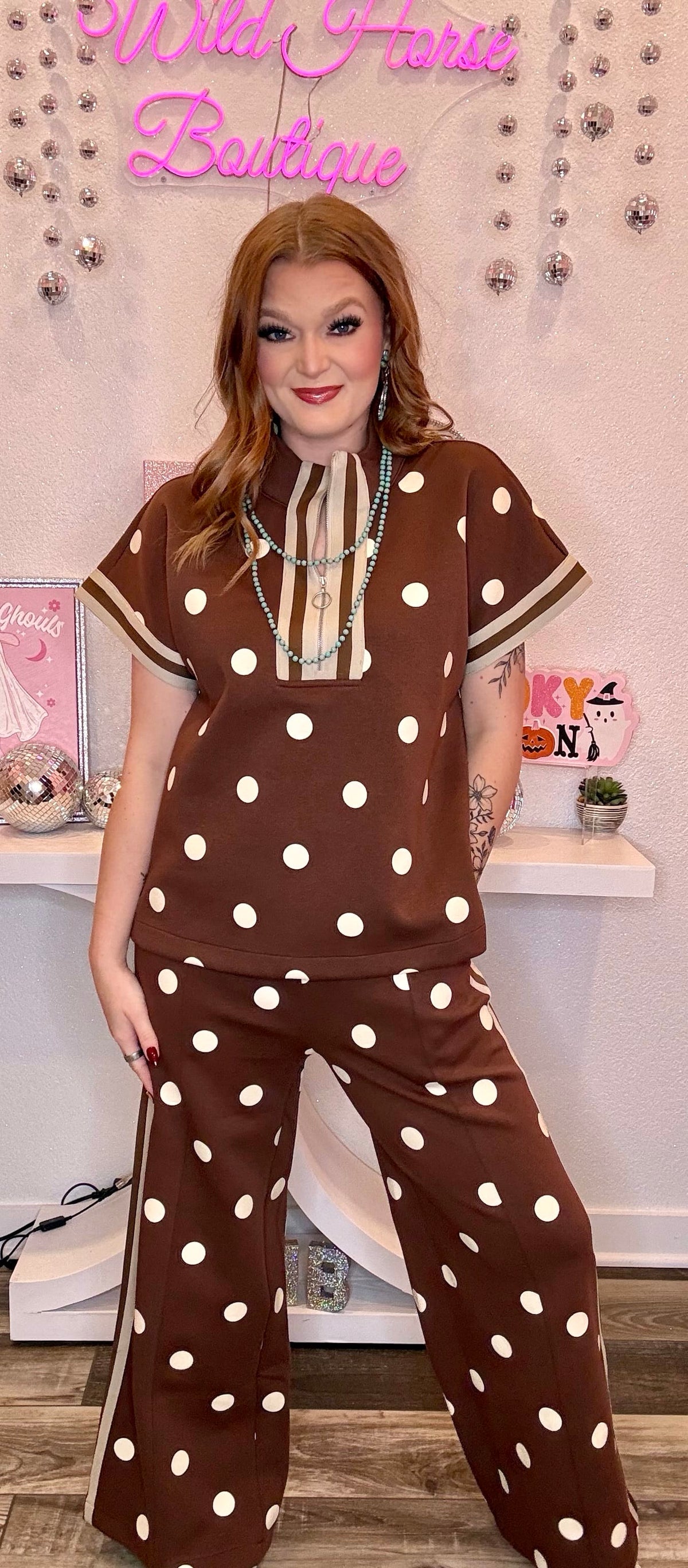 Wild Horse Boutique Brown and White Polka Dot Set