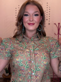 Wild Horse Boutique Brown Cactus & Cowboy Pearl Snap Button Down Blouse