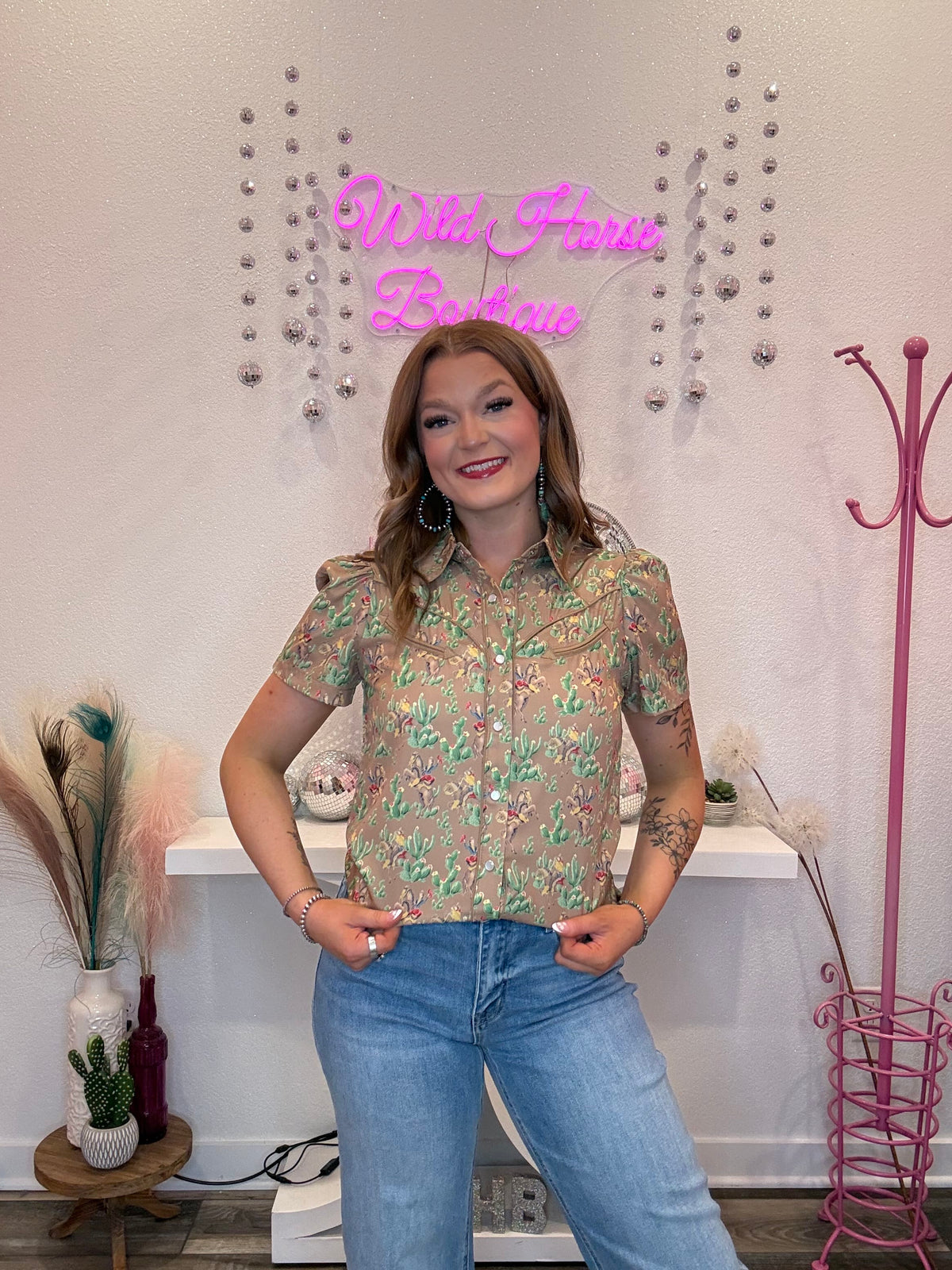 Wild Horse Boutique Brown Cactus & Cowboy Pearl Snap Button Down Blouse
