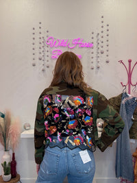 Wild Horse Boutique Camo Jacket with mesh back and flower sequin details