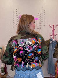Wild Horse Boutique Camo Jacket with mesh back and flower sequin details