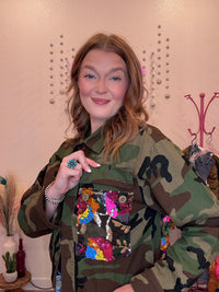 Wild Horse Boutique Camo Jacket with mesh back and flower sequin details