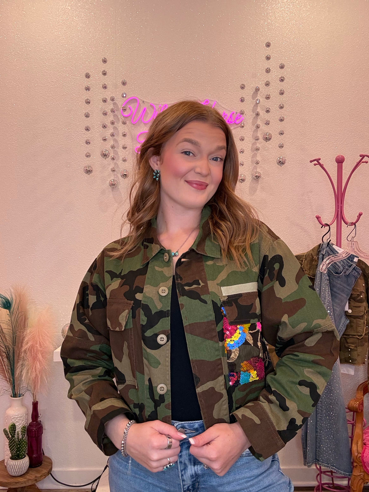 Wild Horse Boutique Camo Jacket with mesh back and flower sequin details