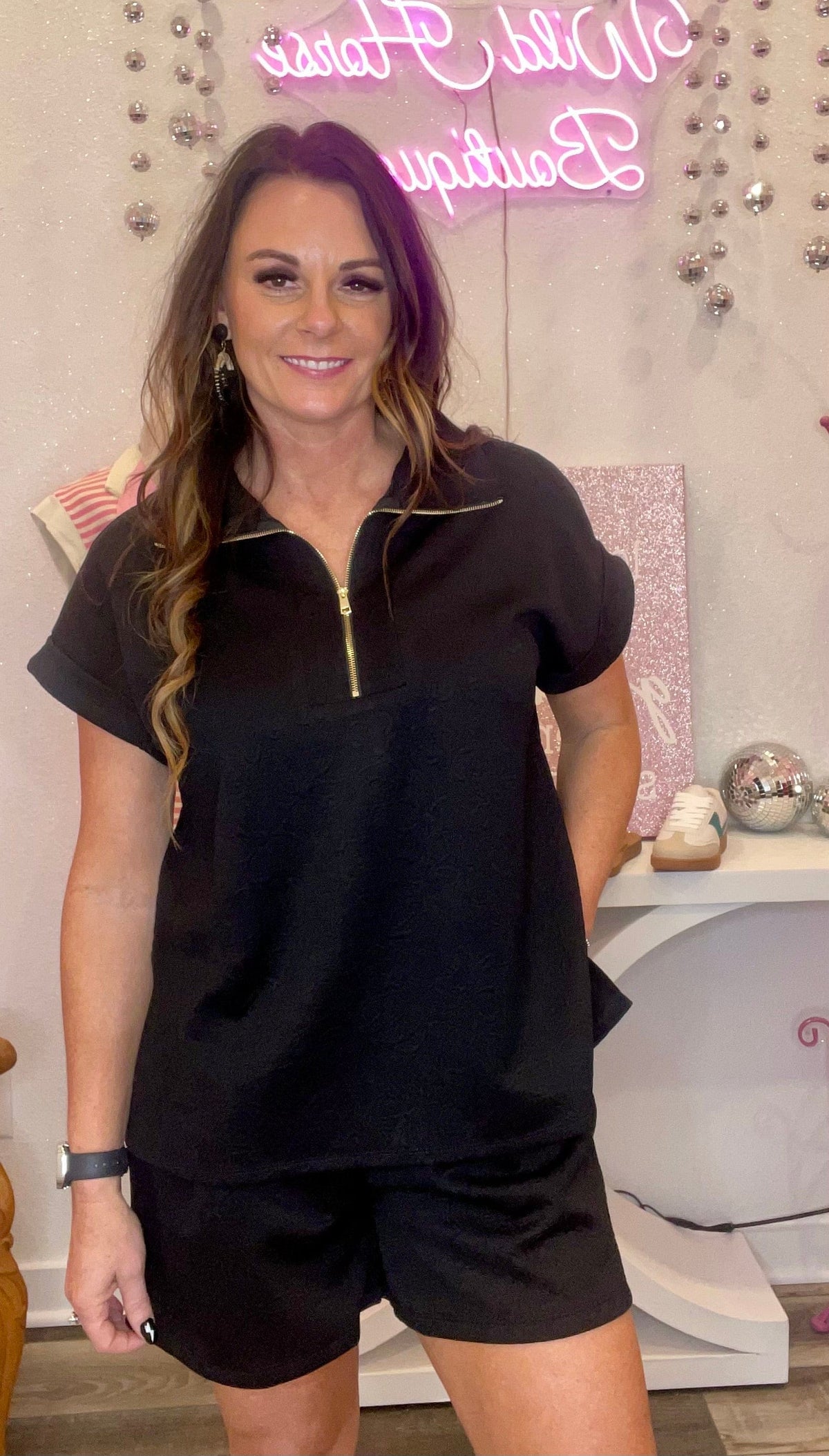 Wild Horse Boutique Clothing sets Black Half Zip Short Set