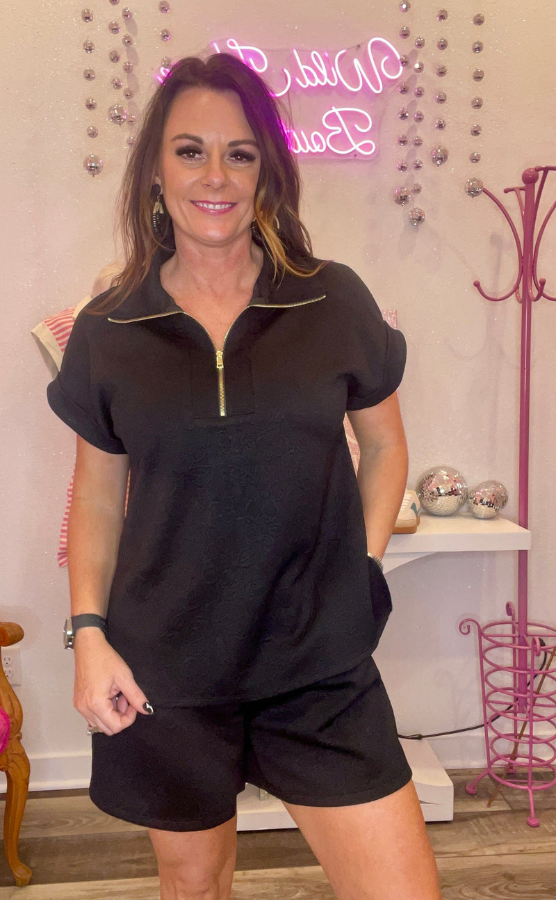 Wild Horse Boutique Clothing sets Black Half Zip Short Set