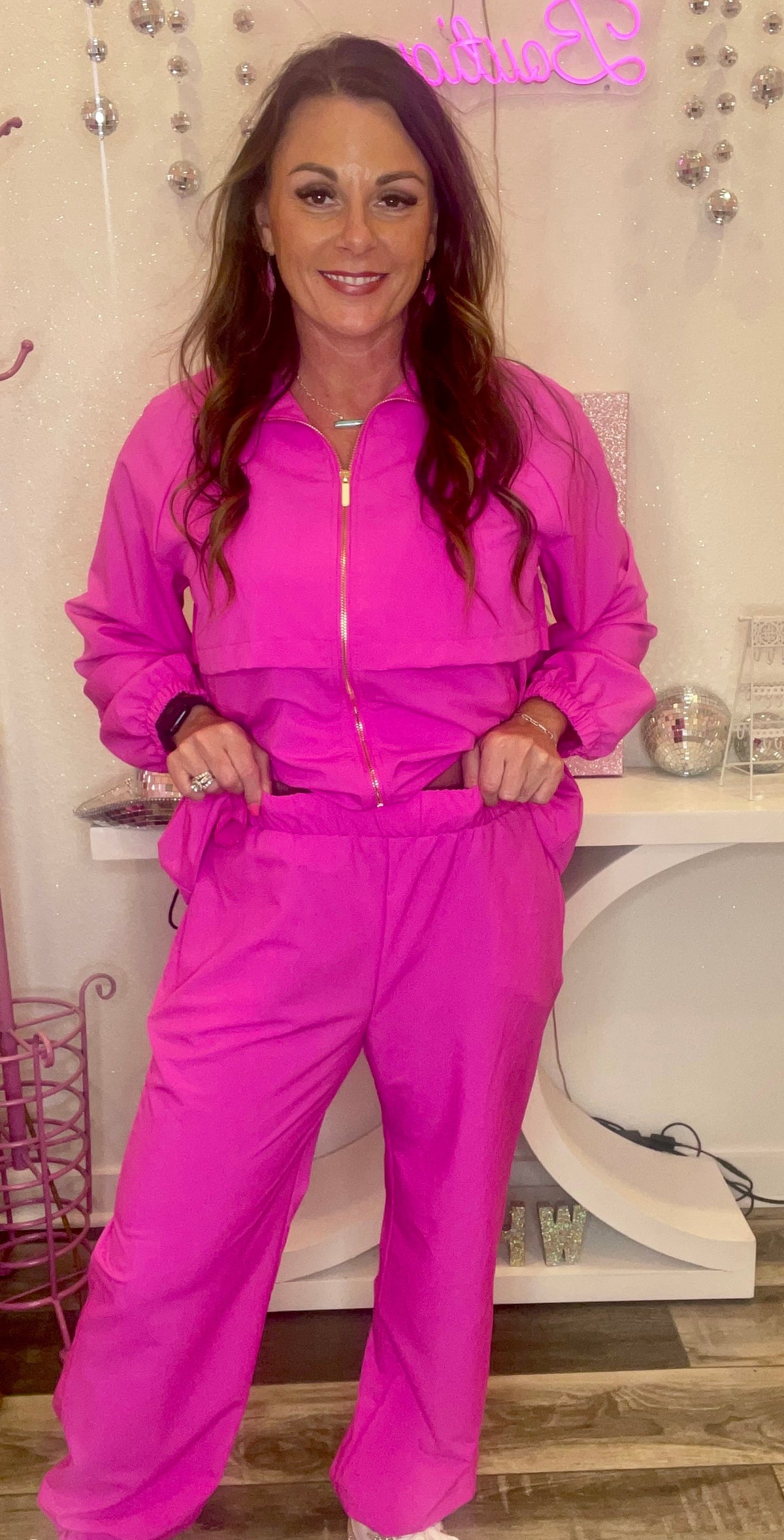 Wild Horse Boutique Clothing sets Hot Pink Jogger Wind Suit Set | Gold Zipper Accents