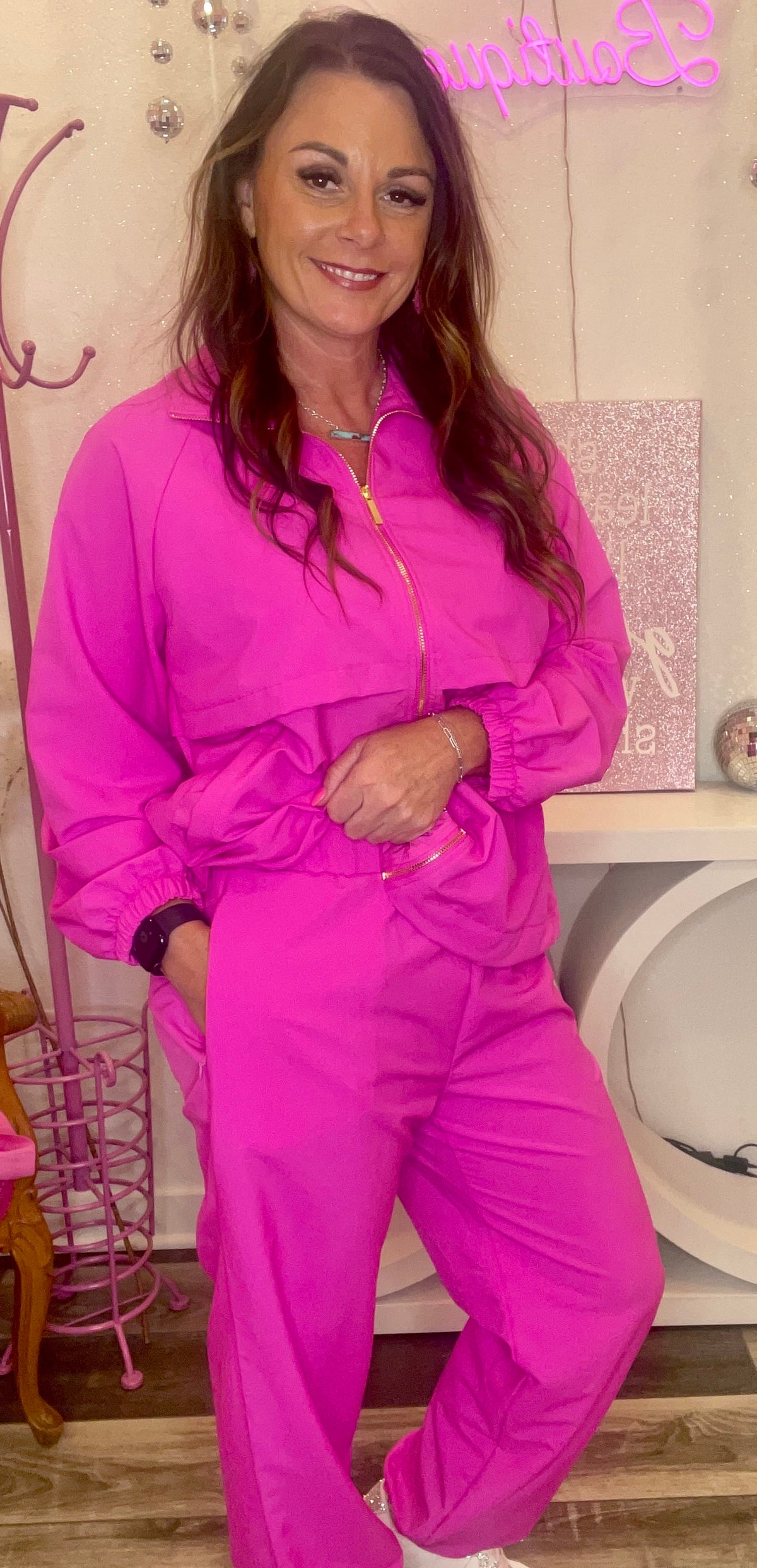 Wild Horse Boutique Clothing sets Hot Pink Jogger Wind Suit Set | Gold Zipper Accents
