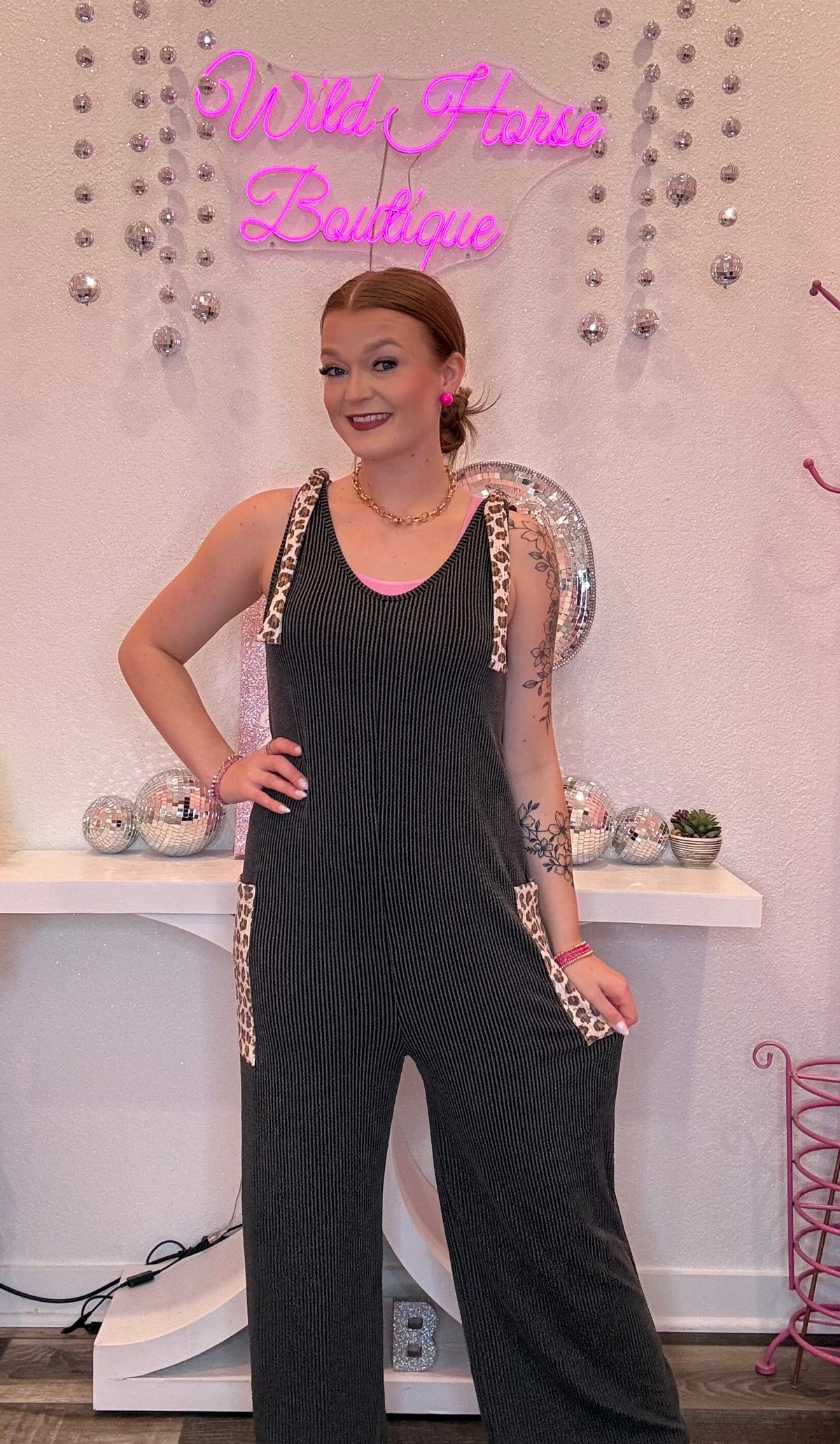 Wild Horse Boutique Dark Gray Romper with Leopard Details
