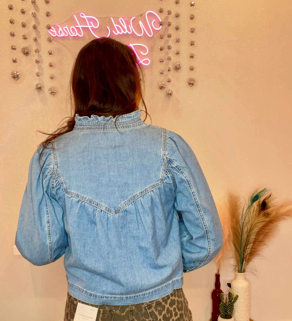 Wild Horse Boutique Denim Blouse With Lace Sleeve Cap