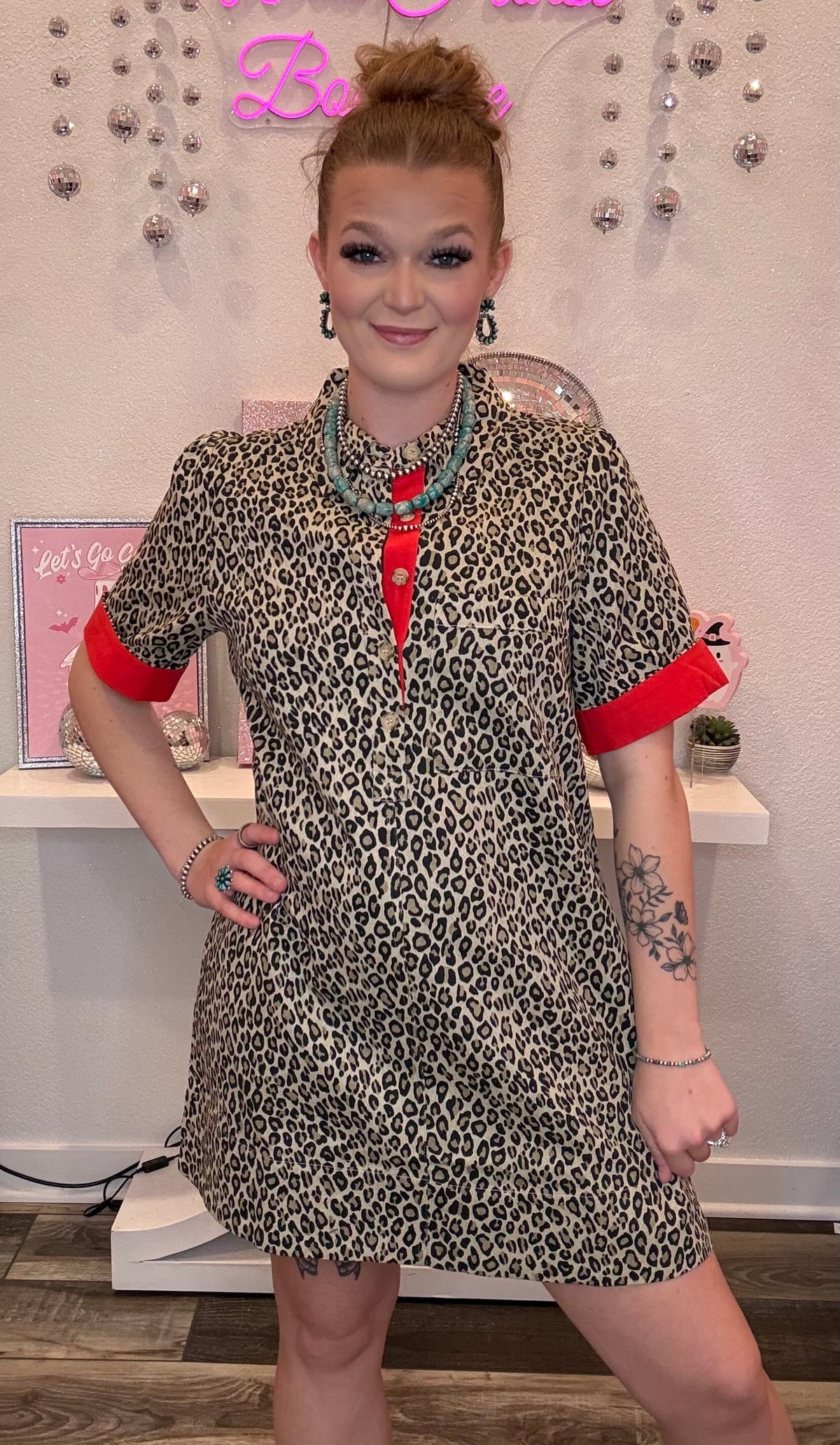 Wild Horse Boutique Denim Leopard Dress with Red Cuffed Sleeve