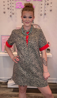 Wild Horse Boutique Denim Leopard Dress with Red Cuffed Sleeve