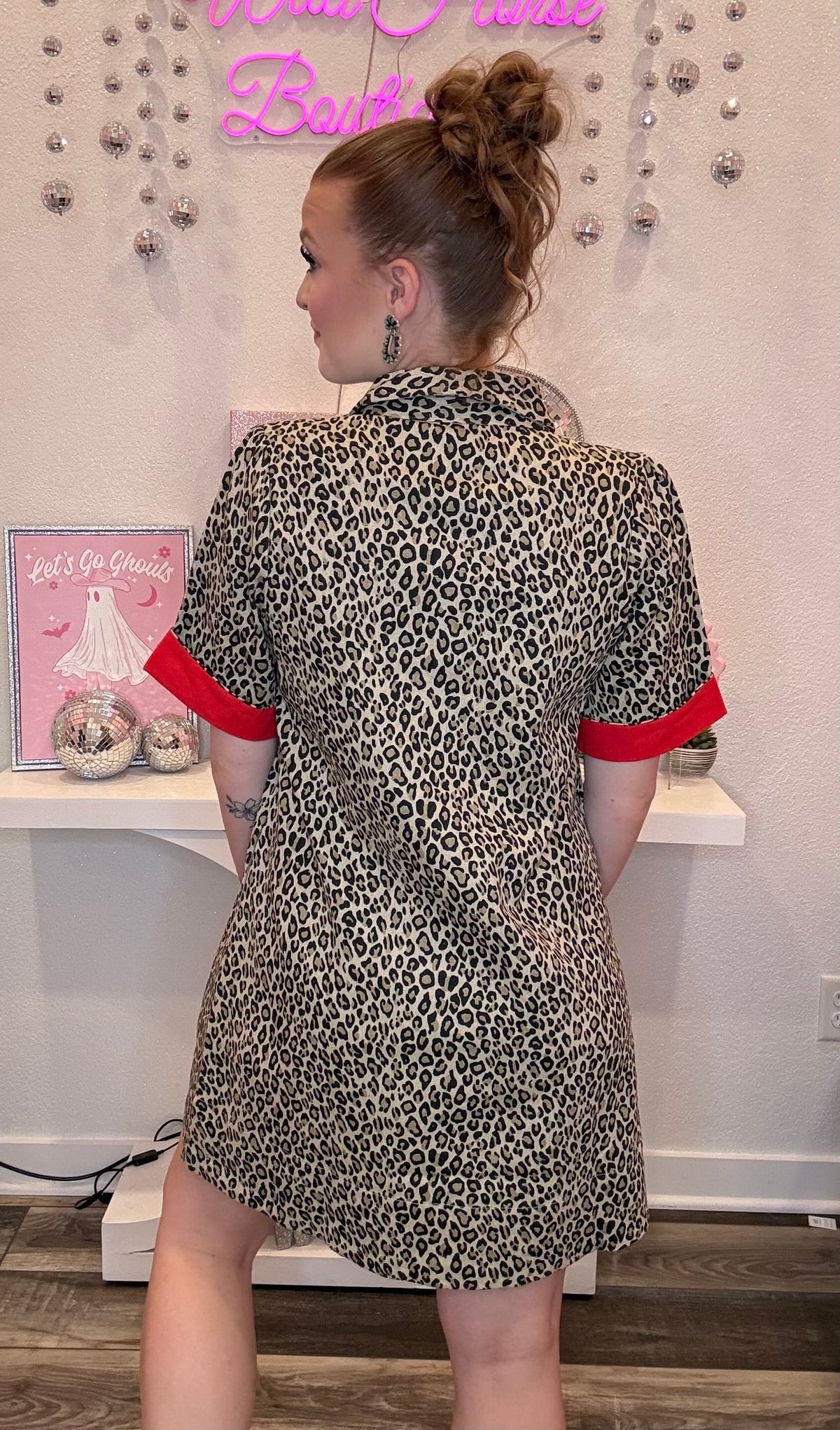 Wild Horse Boutique Denim Leopard Dress with Red Cuffed Sleeve