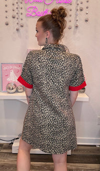 Wild Horse Boutique Denim Leopard Dress with Red Cuffed Sleeve