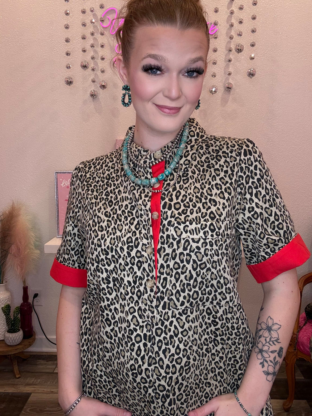 Wild Horse Boutique Denim Leopard Dress with Red Cuffed Sleeve