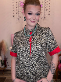 Wild Horse Boutique Denim Leopard Dress with Red Cuffed Sleeve