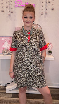 Wild Horse Boutique Denim Leopard Dress with Red Cuffed Sleeve
