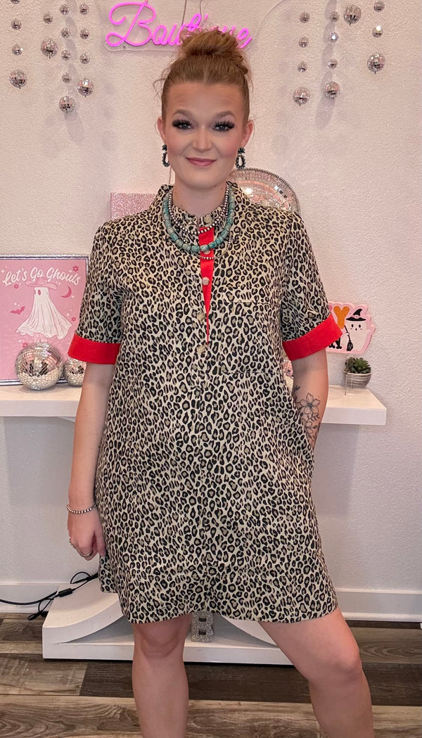 Wild Horse Boutique Denim Leopard Dress with Red Cuffed Sleeve