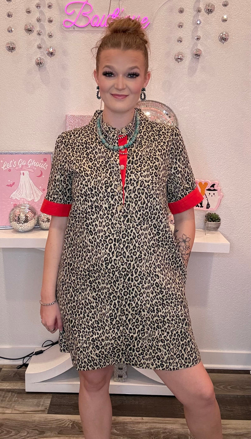 Wild Horse Boutique Denim Leopard Dress with Red Cuffed Sleeve