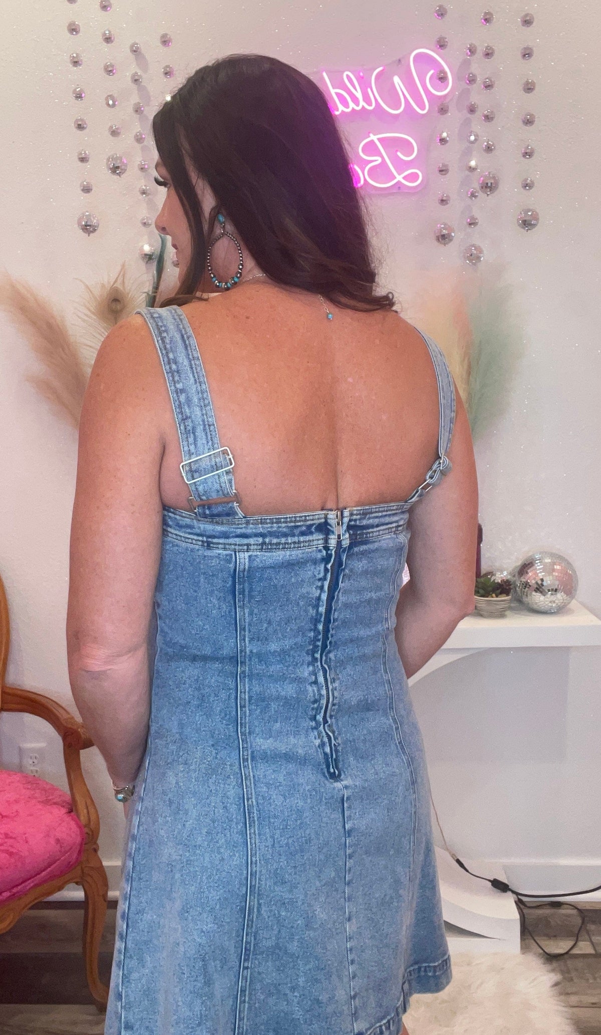 denim dress with buckle straps Studded Western Buckle Stretch Denim Dress