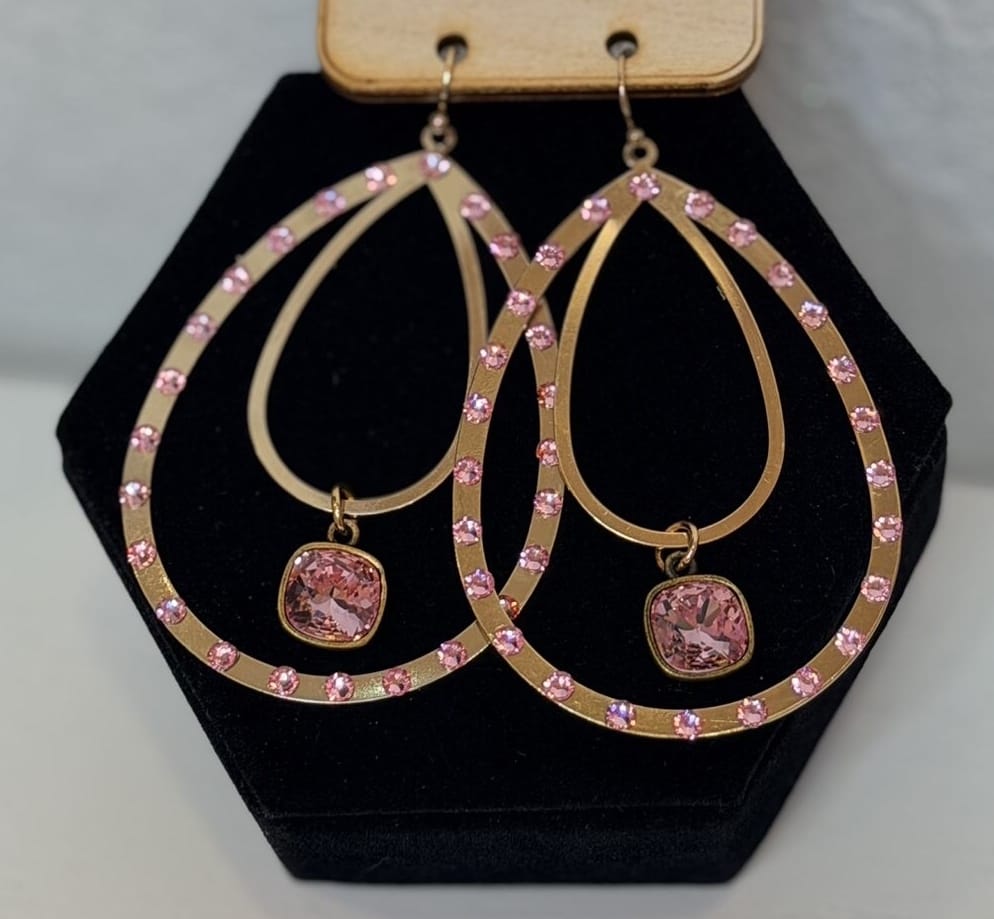 Wild Horse Boutique Gold Earrings with Pink Rhinestones and Pink Dangle Stones