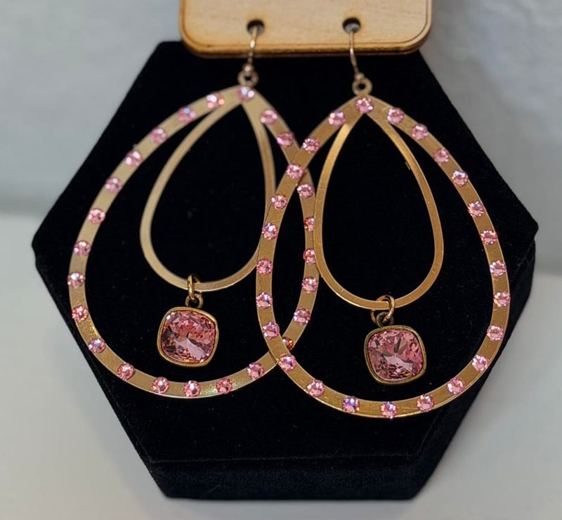 Wild Horse Boutique Gold Earrings with Pink Rhinestones and Pink Dangle Stones