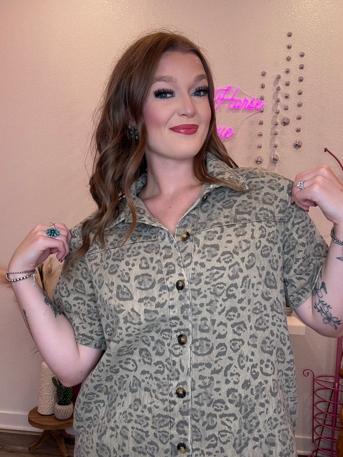 Wild Horse Boutique Leopard Button Down Denim Dress