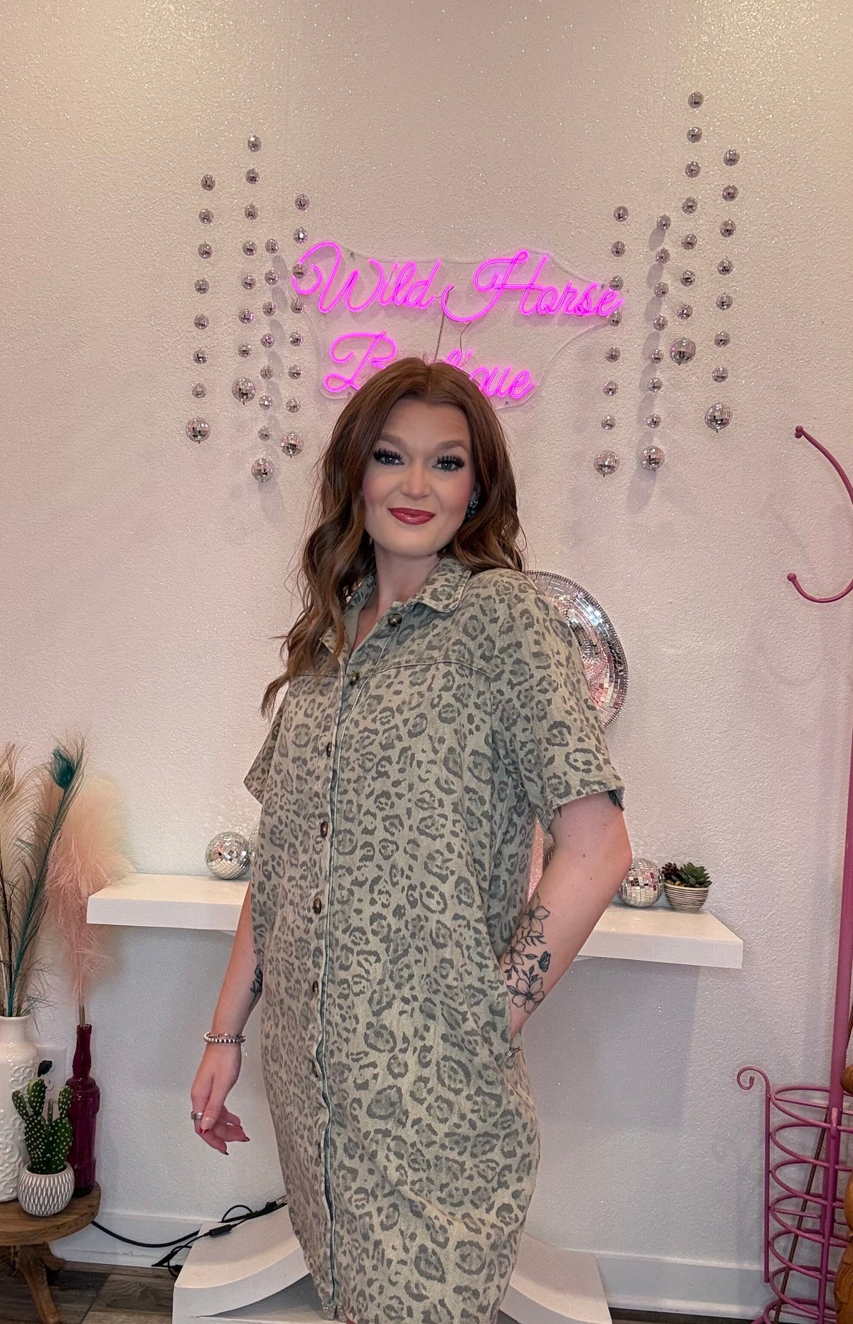 Wild Horse Boutique Leopard Button Down Denim Dress