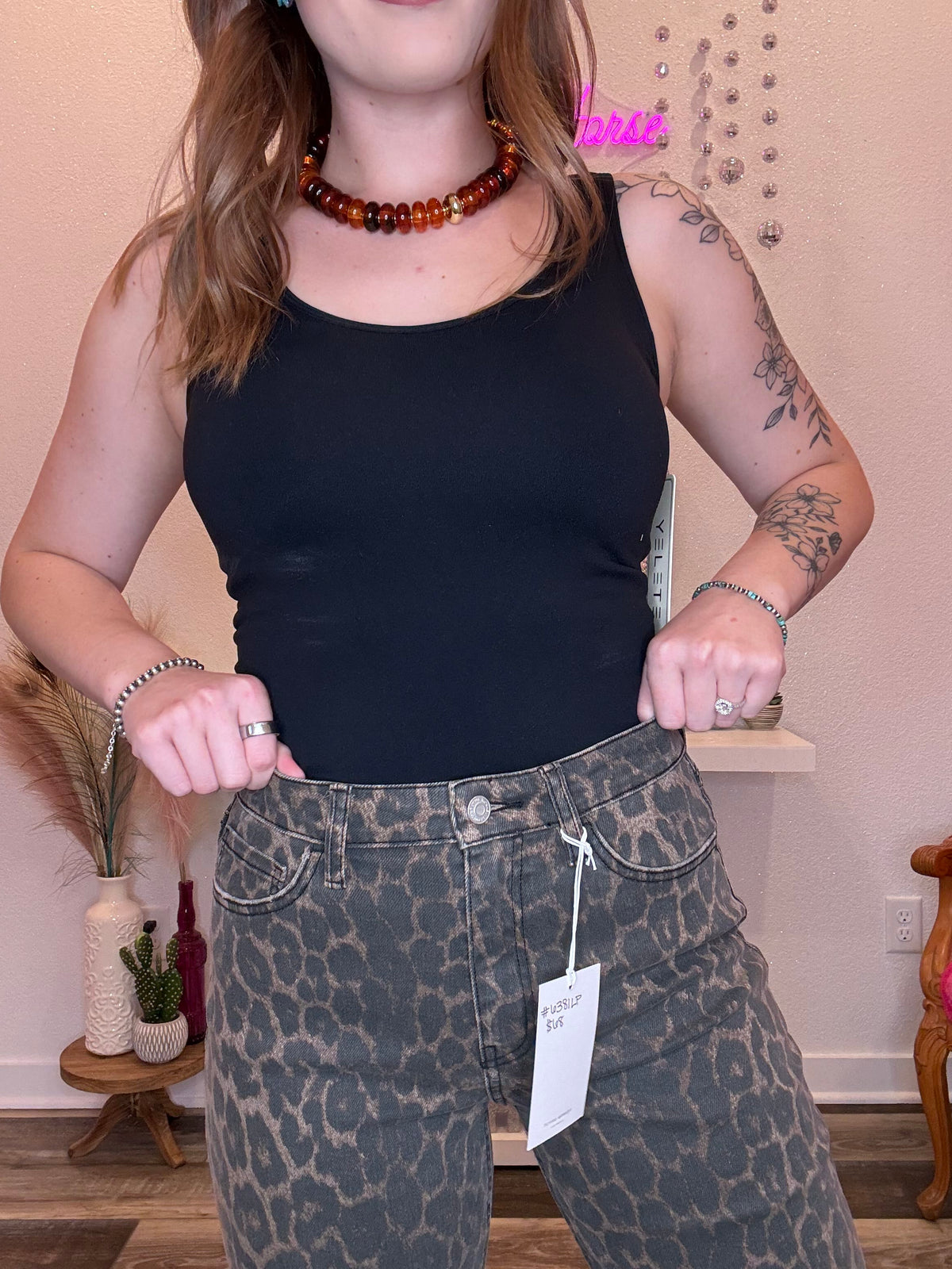 Wild Horse Boutique Leopard High Rise Slim Wide Jeans