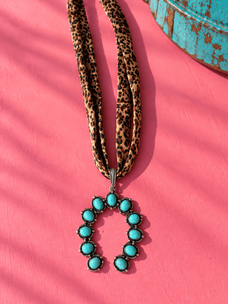 Wild Horse Boutique Leopard Scarf Necklace with Faux Turquoise Horseshoe Pendant